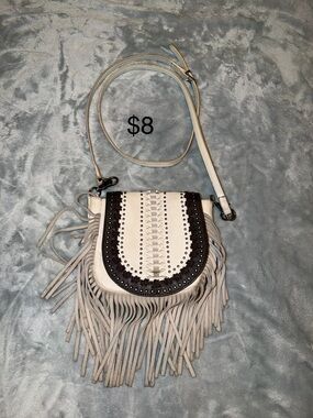 Fringed Crossbody Bag in Light Gray with Black Trim - Women's Shoulder Purse
